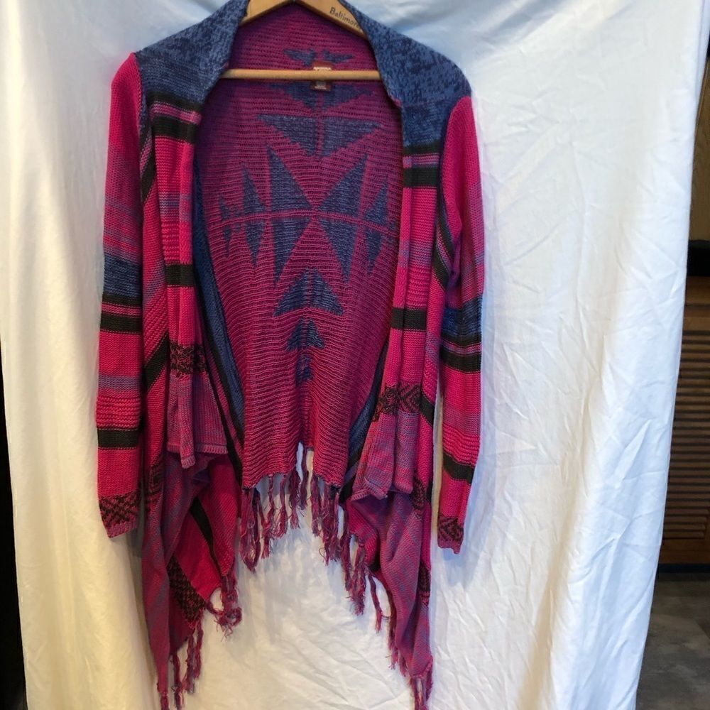 Arizona Jeans Shawl  Sweater Dark Pink/Blue/Black Large 14 Reg
